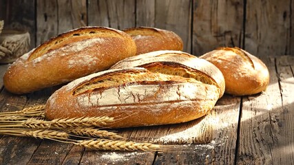 Freshly baked artisanal bread loaves resting on rustic wooden table with wheat stalks nearby - Powered by Adobe