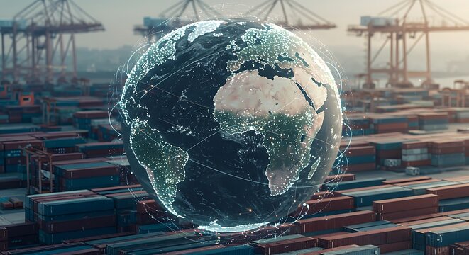 Global logistics network showing earth globe over intermodal containers