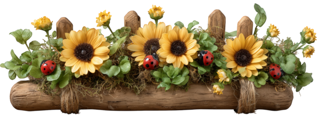 Sunflower garden fence ladybug yellow flower wooden log green leaf rustic summer cheerful nature create vibrant garden scene with sunflowers ladybugs and lush foliage on wooden fence