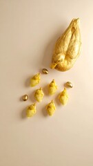 Golden maternal duck checks on ducklings in a flat lay composition with copy space