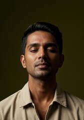 Fototapeta premium Portrait of a young indian man with eyes closed in peaceful contemplation, against a dark olive green background