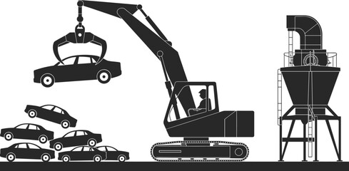 Excavator with grapple lifting scrap cars at junkyard with vehicle pile and industrial shredder machine, automobile recycling and metal processing vector illustration