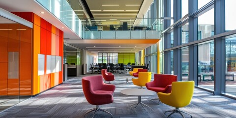 Modern office lounge with colorful chairs, large windows, and glass partitions. The space is well-lit with natural light, featuring a contemporary design with vibrant orange and red accents. 