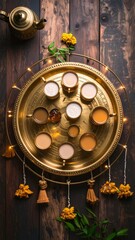 Golden tray displaying array of Indian chai in metal cups with floral elements