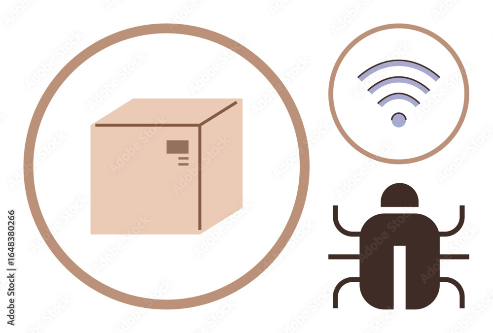 Poster cardboard box, wireless connection signal, and a simplified bug icon representing cybersecurity, dig