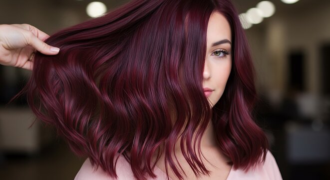 Woman with burgundy hair style salon treatment beauty and hair care