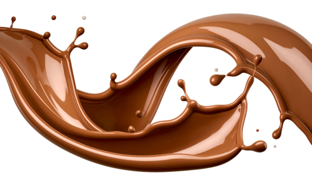 A captivating splash of rich, flowing chocolate, displaying dynamic curves and droplets on png background