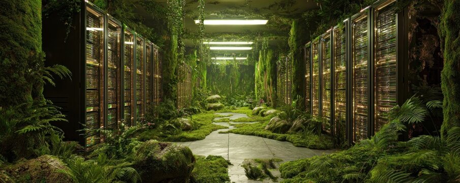 Enigmatic Server Room: Nature's Embrace of Technology