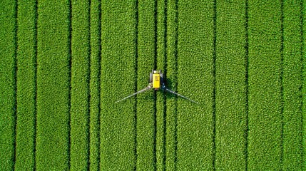 Aerial view of a tractor spraying a field