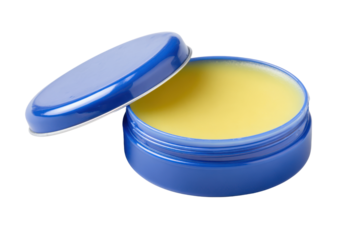 Blue jar with yellow balm and open lid container, Isolated On Png Transparent Background