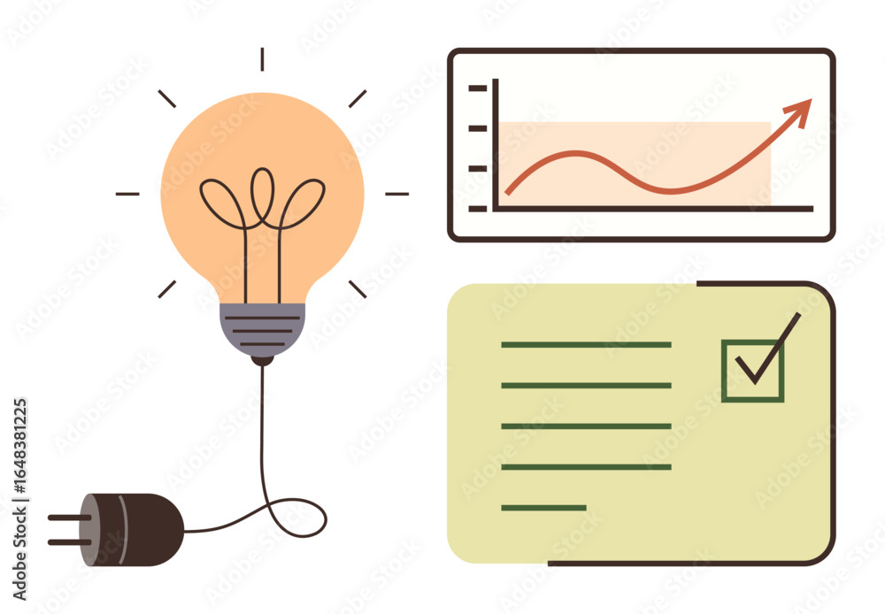 Aufkleber lightbulb with cord symbolizing ideas, rising analytics chart for growth, checklist indicating tasks