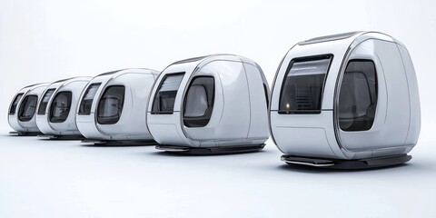 A row of futuristic, pod-like structures aligned in a straight line, featuring sleek, rounded designs and large windows. The setting appears to be a clean, 