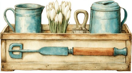Wooden crate with vintage blue metal pitchers, crocus, and garden tools