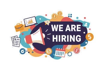 We Are Hiring Recruitment Concept with Megaphone and Business Icons, Jobs Opportunity