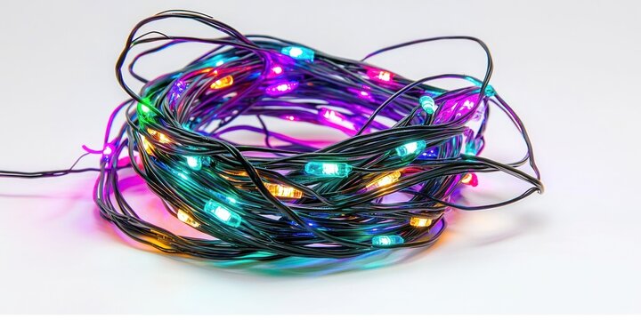 A tangled string of LED lights with multicolored lights arranged in a chaotic pattern against a plain background. The lights are illuminated, creating a vibrant and colorful display.