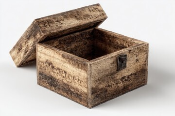 Open, rustic wooden box on white background
