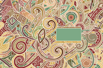 Colorful vector design of an ethnic inspired background pattern, with bold black outlines, showcasing geometric shapes, cultural symbols, and bright colors for decorative artwork.