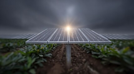 Solar panels array on a field with a bright sun flare and dark sky solar energy
