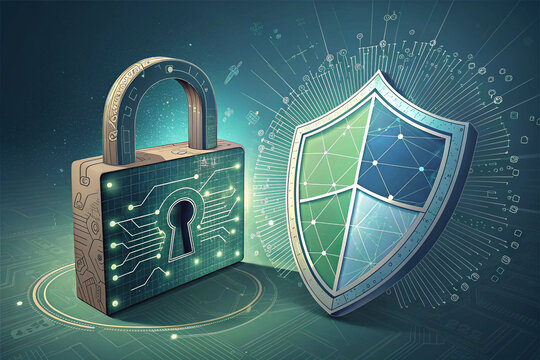 Cyber security concept with padlock and shield for data protection and information technology safety