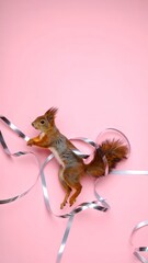 Obraz premium Playful squirrel tangled in shimmering ribbon, poised mid-air on festive backdrop