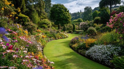Fototapeta premium Colorful garden path winding through vibrant flowerbeds