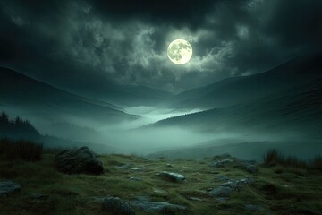 Misty mountain valley under a full moon