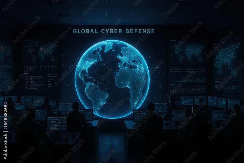 Poster global cyber defense team hack digital security network protection technology data analysis monitori