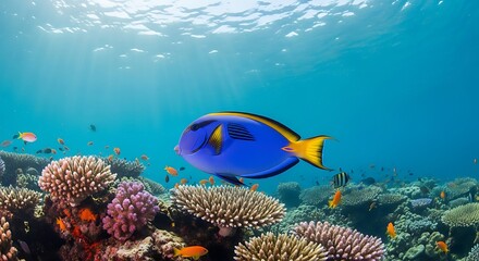 Naklejka premium Vibrant underwater scene featuring a surgeonfish swimming near colorful coral reefs illuminated by