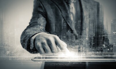 Businessman uses tablet, city overlay