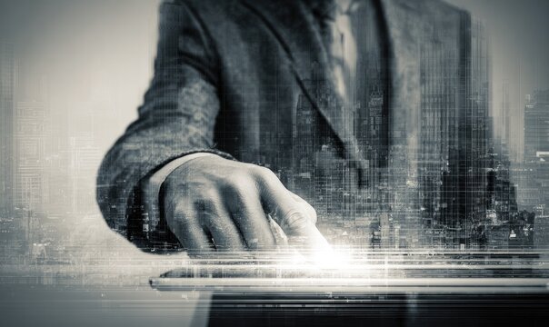 Businessman uses tablet, city overlay - Powered by Adobe