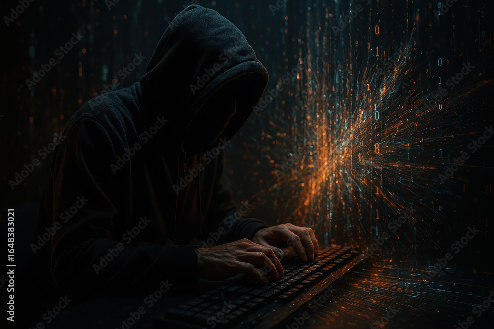 Poster hacker in dark hoodie typing on keyboard with digital code and hack concept glowing around, symboliz