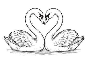 A vector depiction of two swans in love, necks meeting to shape a heart, purely black and white, with solid black outlines for a timeless romantic image.