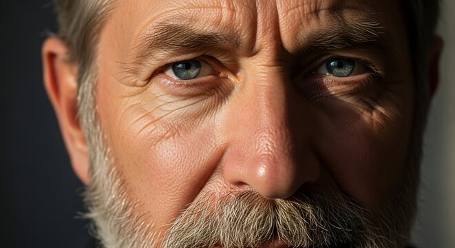 A Stern Gaze: Close-up portrait of a mature man with piercing blue eyes and a distinguished grey beard, conveying a sense of wisdom and experience.