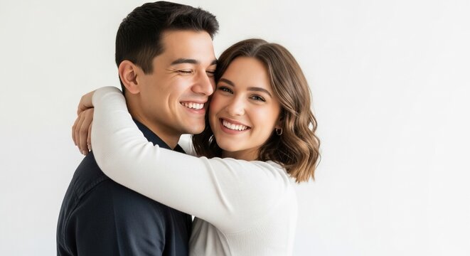 Affectionate Embrace: A loving couple shares a tender moment, their arms wrapped around each other in a warm, genuine embrace. Their smiles radiate happiness and deep connection.