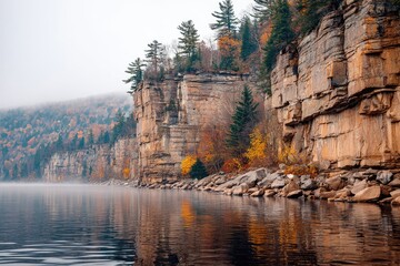 Autumnal lake cliffs reflecting misty sky