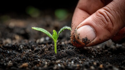 Hand gently placing young seedling into rich soil