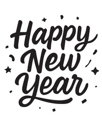 A clean black and white minimalist vector text reading “Happy New Year,” framed with thick black outlines, symbolizing joy, celebration, and the fresh beginning of another year.