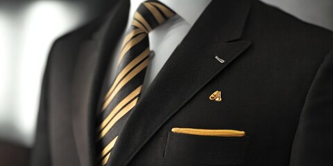 A close-up of a formal suit with a striped tie and a pocket square. The suit is dark, the tie is striped in gold and black, and the pocket square is gold. 