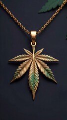 Exquisite Gold Cannabis Leaf Necklace on a Dark Backdrop: Artful and Symbolic