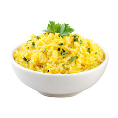 Plain yellow rice in a bowl toped with coriander leaves, isolated on white background.