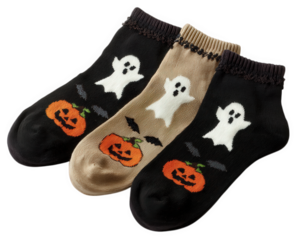Halloween sock with pumpkin ghost bat black orange beige festive spooky fun seasonal cozy playful autumn cotton comfortable cute cheerful decorative holiday accessory