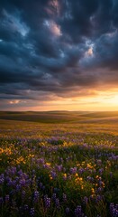 Obraz premium Wildflower Meadow at Sunset: A breathtaking panorama unfolds as a vast field of wildflowers, awash in vibrant purples and yellows, stretches towards the horizon under a dramatic.
