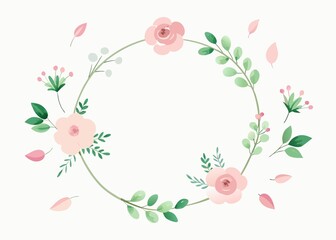 Delicate Floral Wreath with Pink Roses and Green Leaves for Wedding Invitations