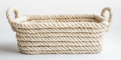 Fototapeta premium A rope basket with two handles, placed on a plain background. The basket is made of thick, coiled rope and appears to be empty.
