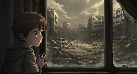 Animated boy looking at destruction aftermath through window illustration