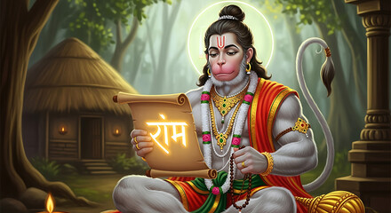 Digital Illustration of Hindu Deity Hanuman Reading Scroll.