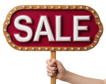 Hand holding red sale sign with white bold letters and decorative border, isolated on transparency background, promoting discount or special offer with cheerful and inviting mood