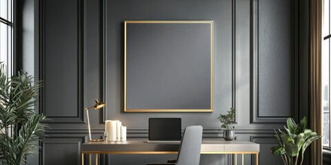 A modern office space with a dark gray wall, a gold-framed blank canvas, a sleek desk, a laptop, a gold desk lamp, and potted plants. The room is well-lit with natural light from large windows.