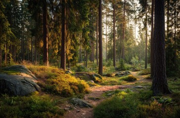 Fototapeta premium Sunlight filtering through a dense forest (1)