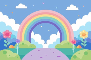 Pastel Rainbow Landscape with Flowers Clouds and a Winding Path Illustration